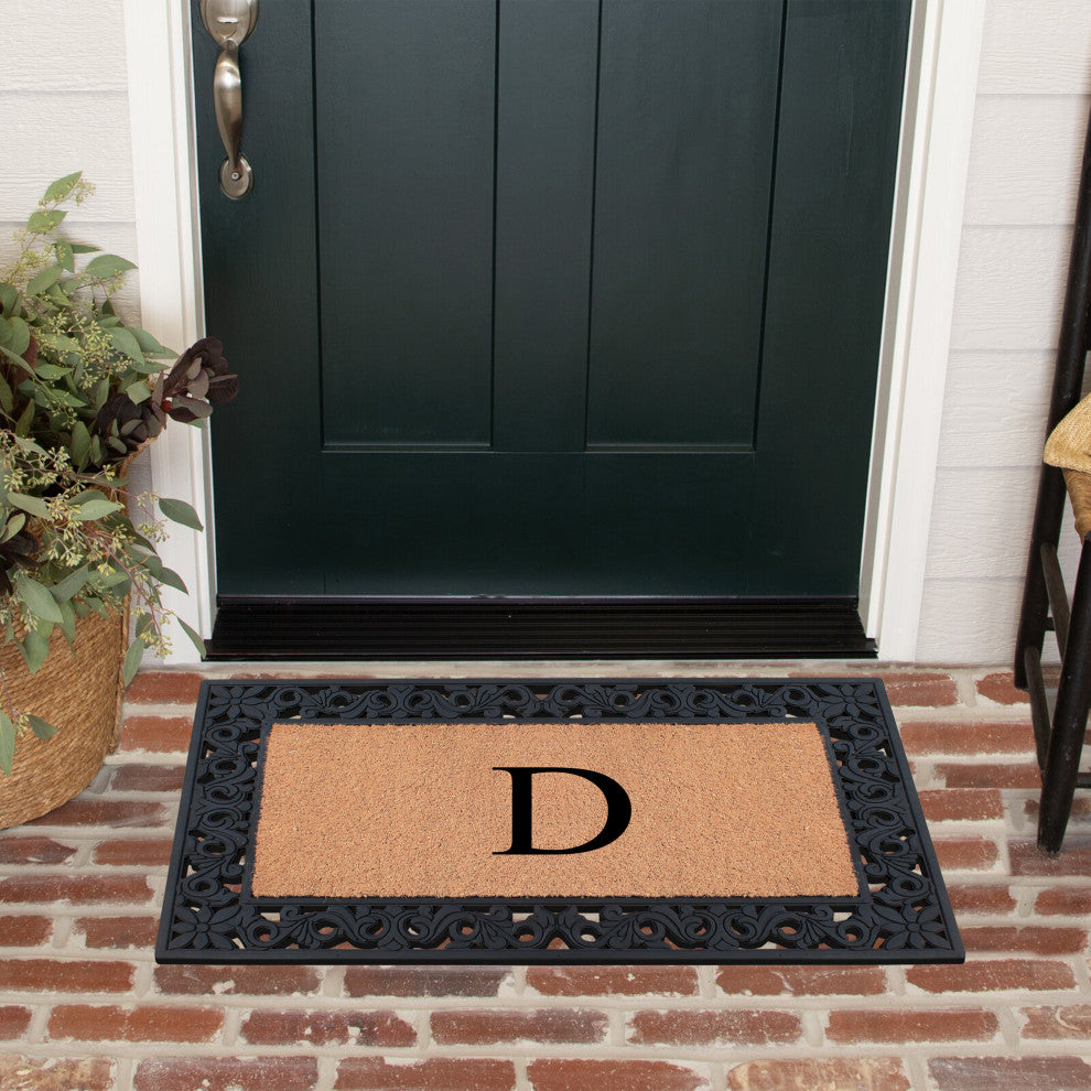 A1HC Rubber & Coir Floral Outdoor Durable Monogram Doormat 18"x30", Black, D