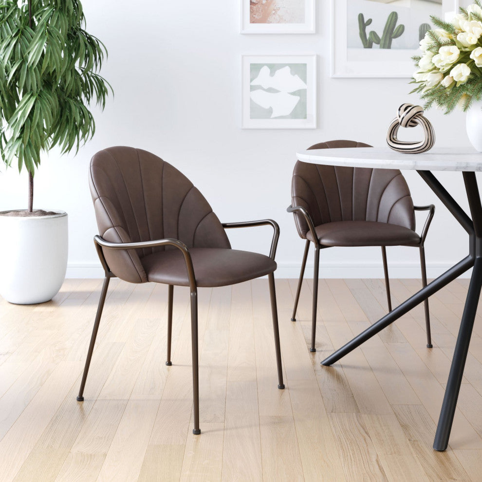 Dining Chair, Set of 2, Faux Vinyl Leather, Steel, Brown Black, Brown, Cafe
