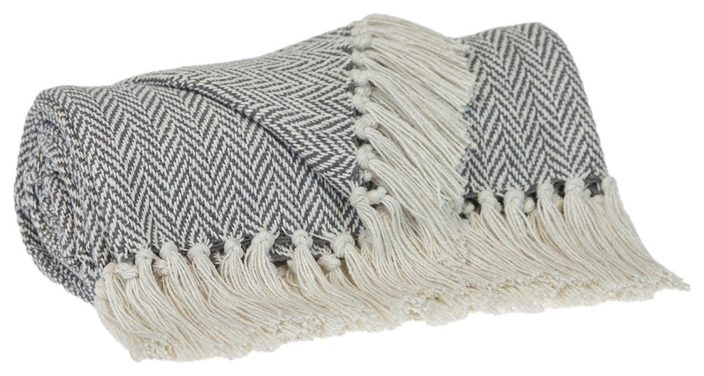 Handloomed Light Gray Cotton Throw Blanket With Tassels