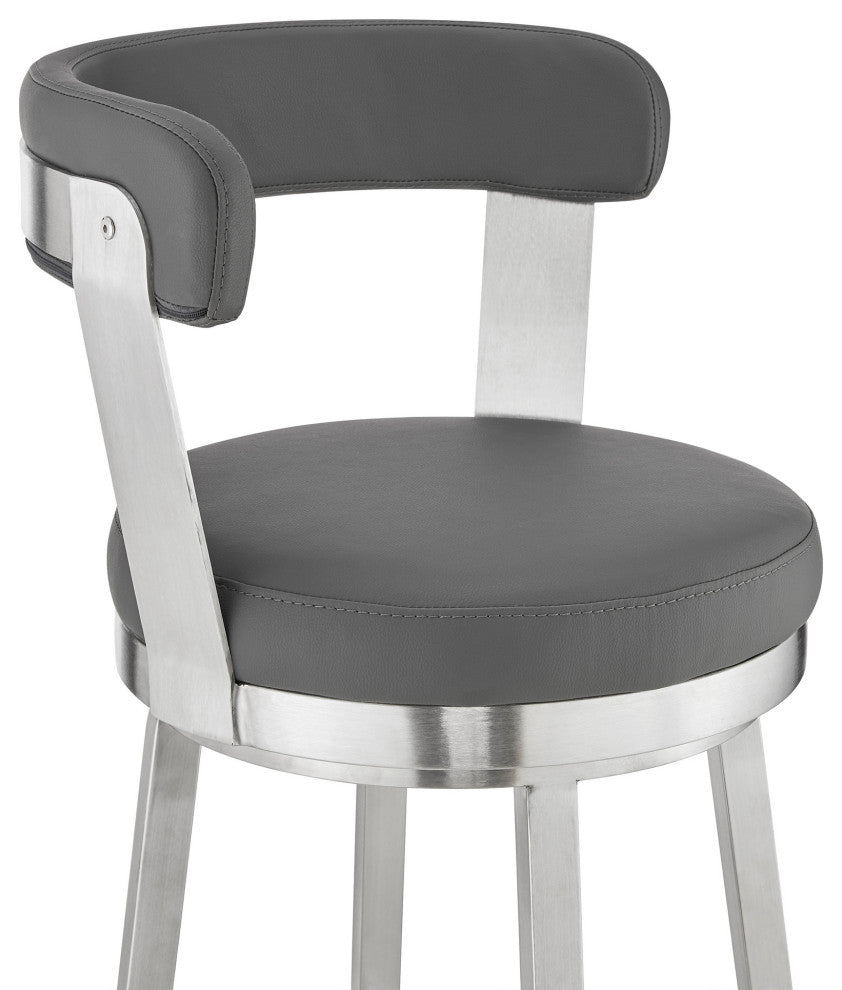 26" Chic Gray Faux Leather With Stainless Steel Finish Swivel Bar Stool
