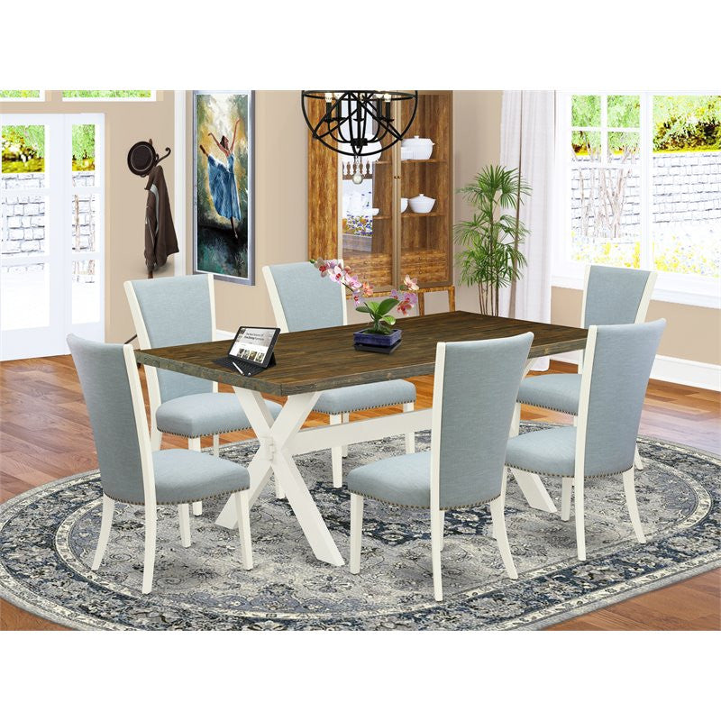 X077Ve215-7, 7-Piece Set, 6 Baby Blue Linen Fabric Chair and Table, Linen White