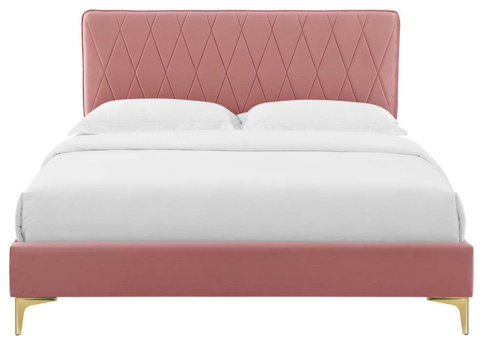 Platform Bed Frame, Queen Size, Velvet, Pink, Modern Contemporary, Bedroom