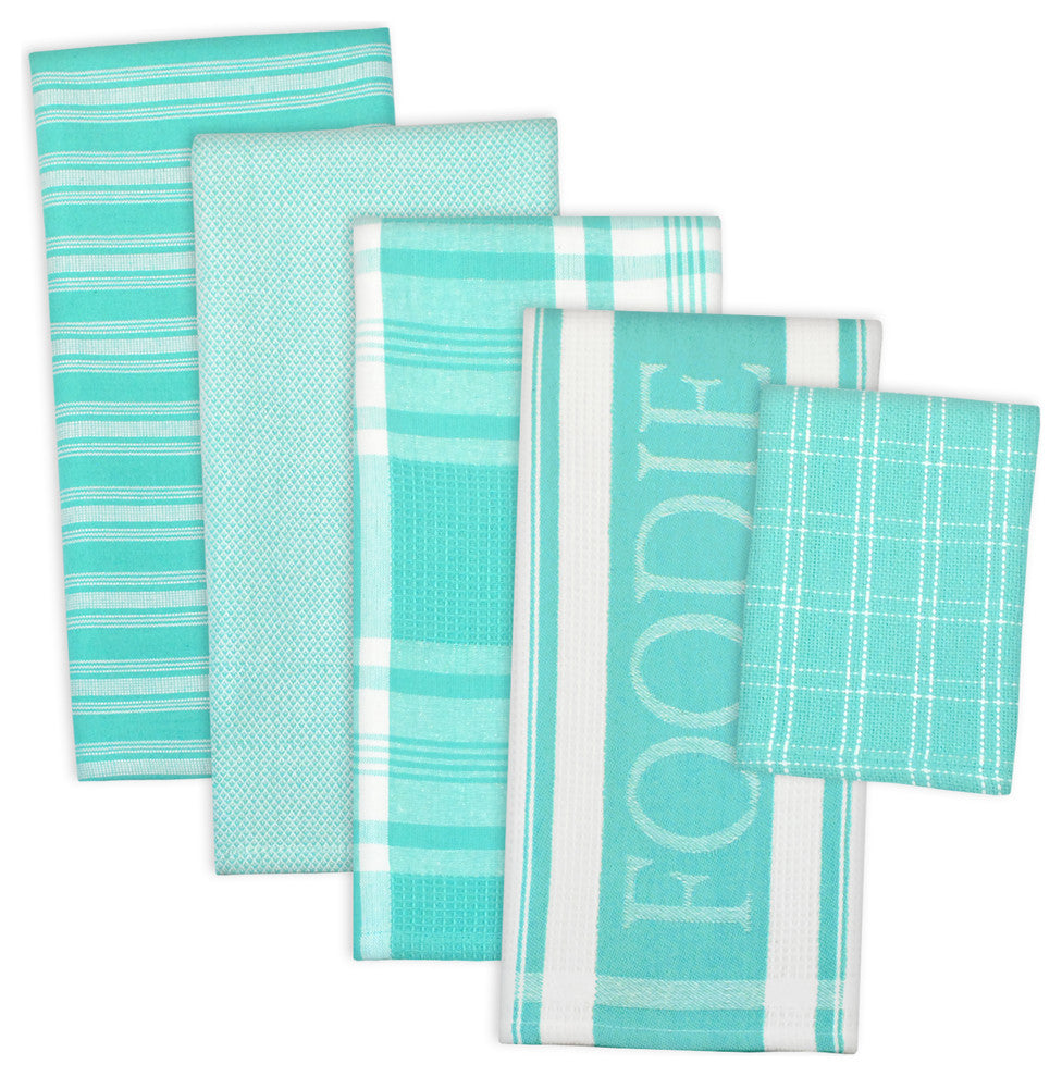 DII Assorted Teal Foodie Dishtowel/Dishcloth, Set of 5