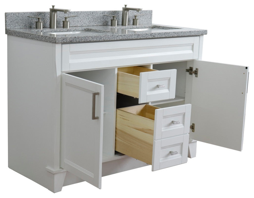 48" Double Sink Vanity, White Finish With Gray Granite And Rectangle Sink