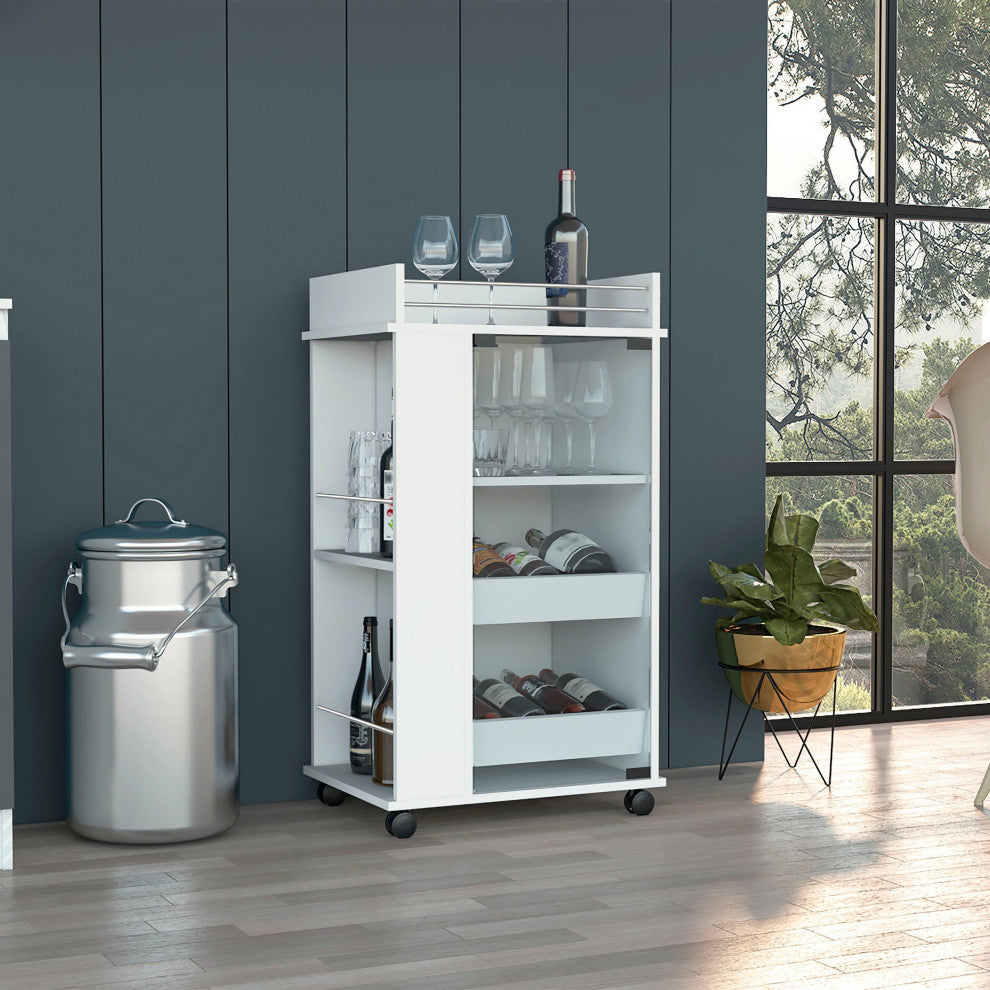 Lusk Bar Cart With Casters, Glass Door, 2 Inner Shelves, and Shelves, White