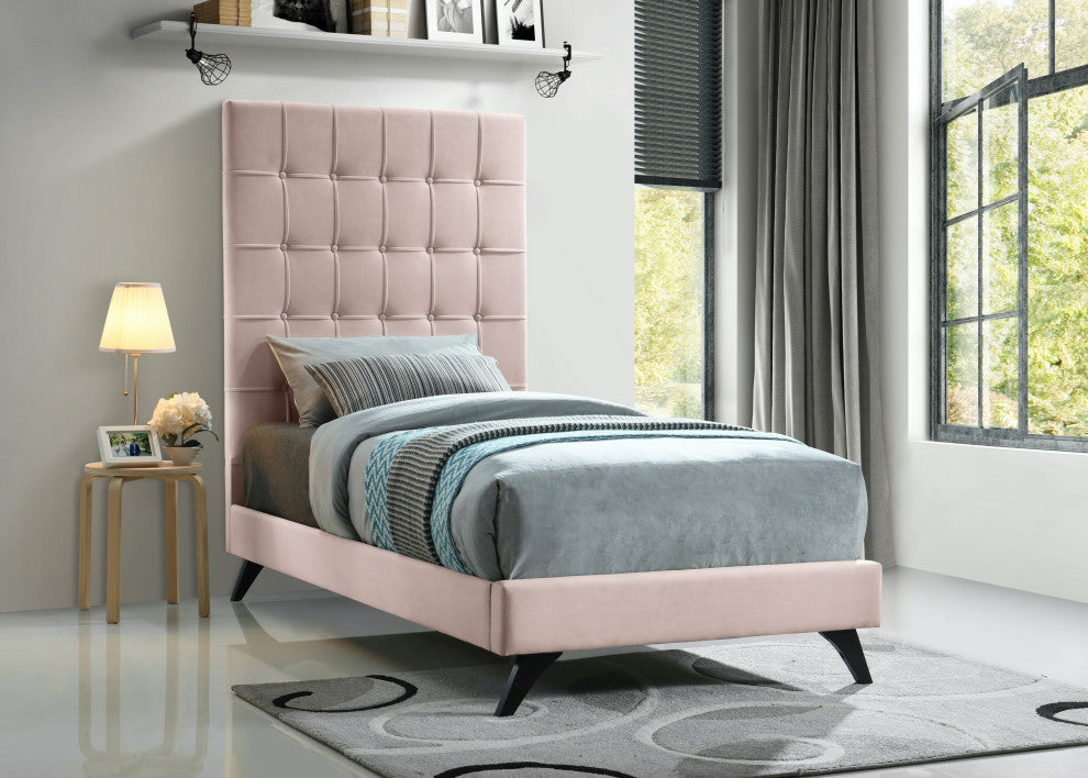 Elly Velvet Upholstered Bed, Pink, Twin