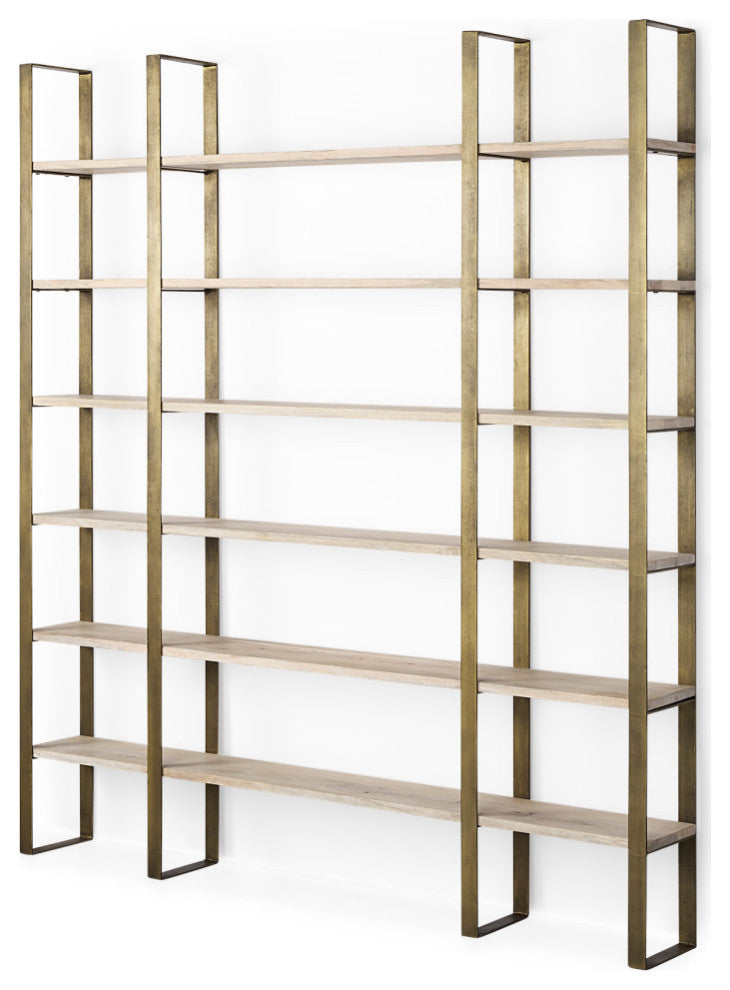Taunton Light Brown Solid Wood w/ Gold Iron Frame & 6 Tier Shelving Unit