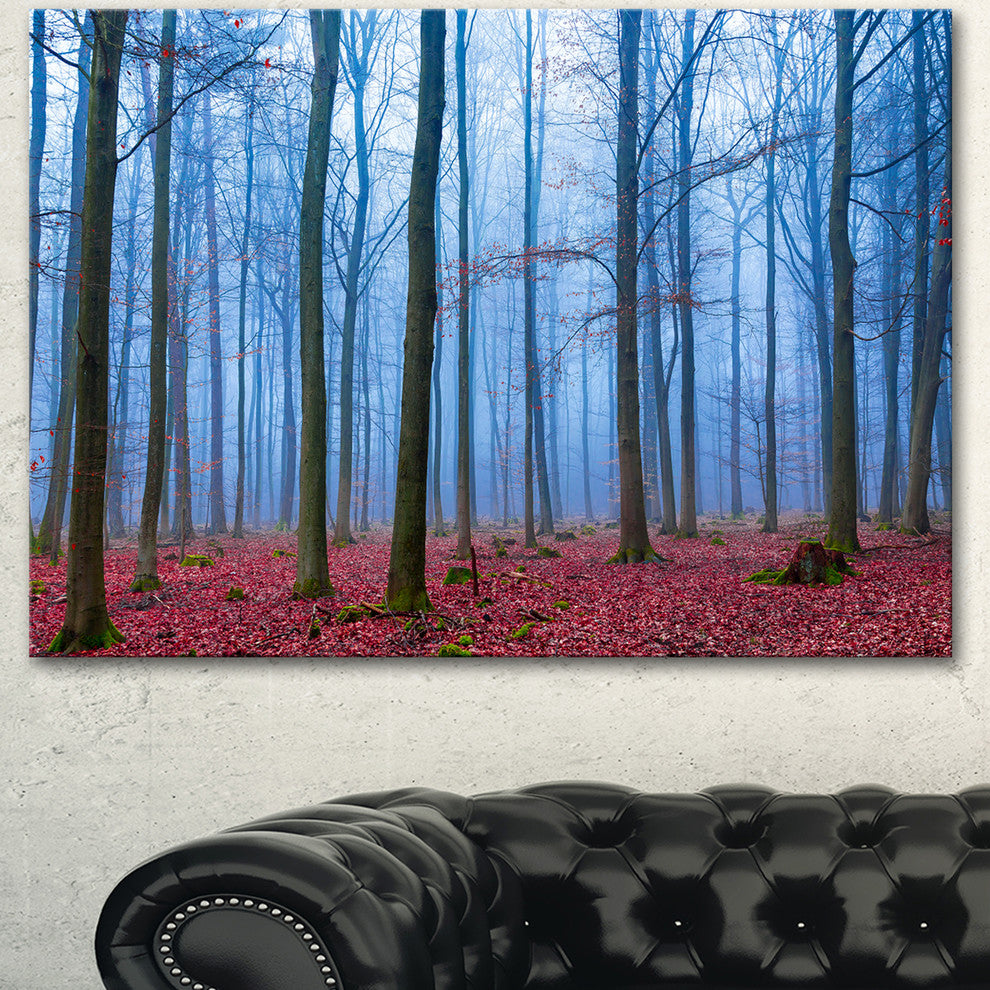 Foggy Forest in Blue and Pink Photo, Modern Forest Canvas Art, 40"x30"
