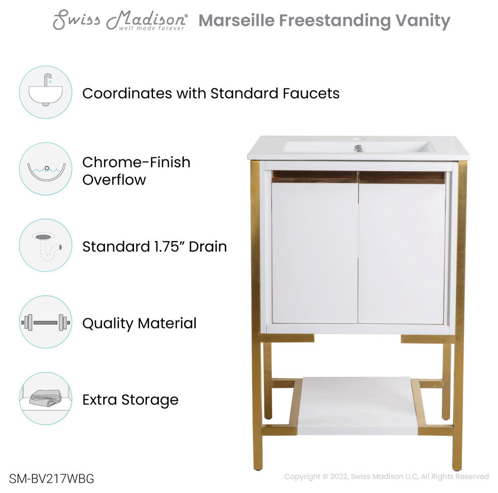Marseille 24" Bathroom Vanity, White/Brushed Gold