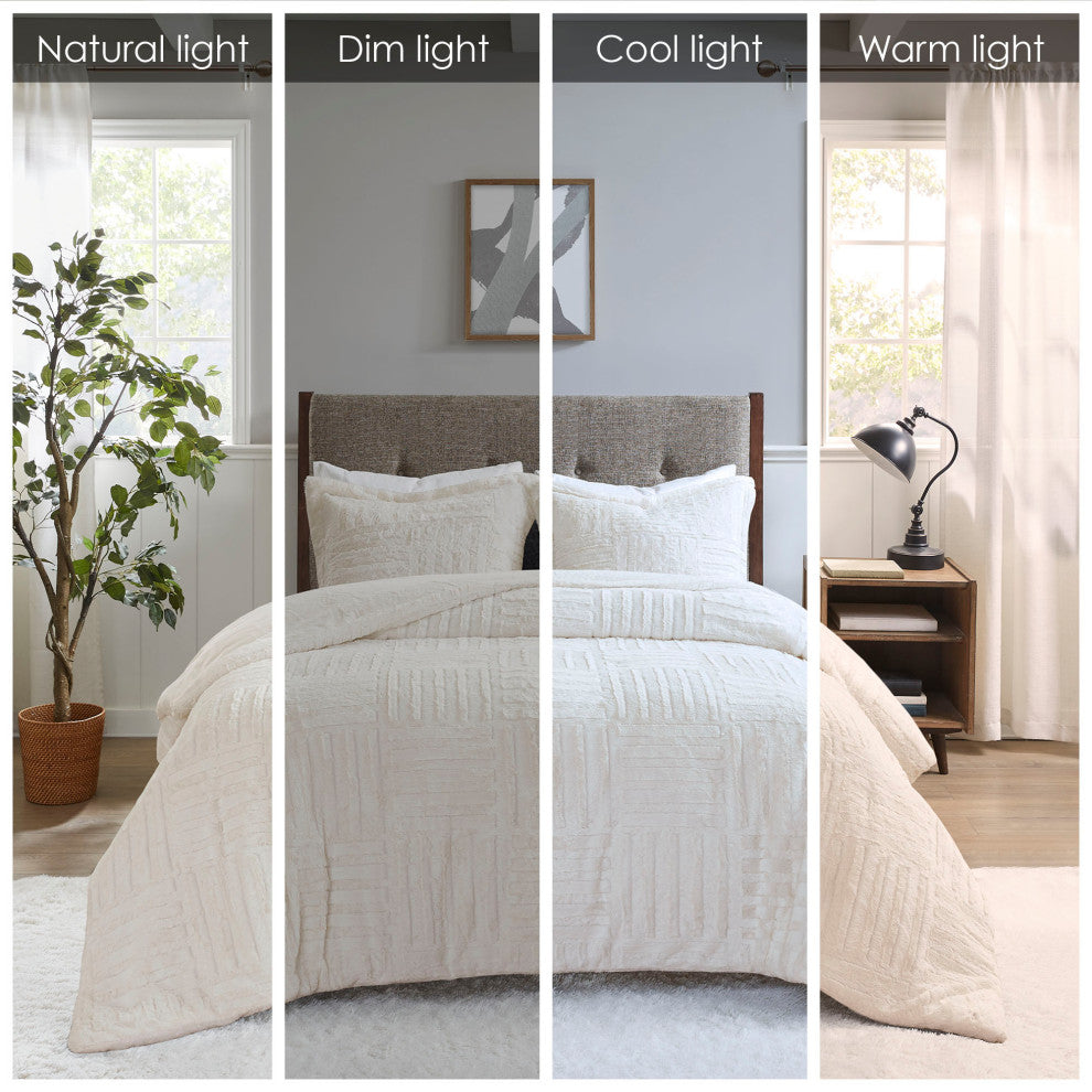 Madison Park Checkboard Brushed Long Fur Comforter Mini Set, Ivory, Twin
