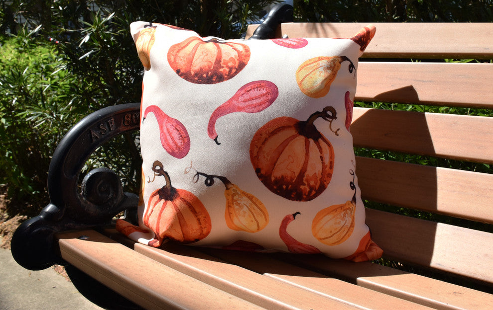 Gourds Galore Light Yellow Fall Print Outdoor Decorative Throw Pillow, 20"