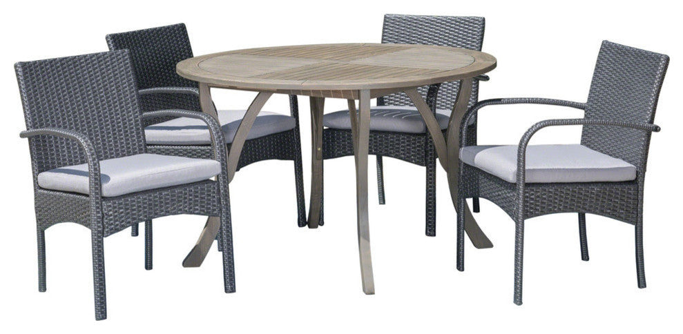 GDF Studio 5-Piece Jaden Outdoor Acacia and Wicker Dining Set, Gray