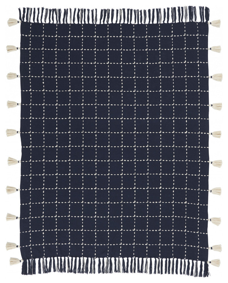 Navy and White Stitched Square Pattern Cotton Throw Blanket