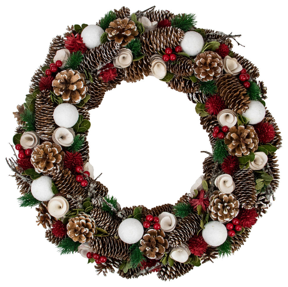19" White Frosted Pine Cone Roses and Twigs Artificial Christmas Wreath, Unlit