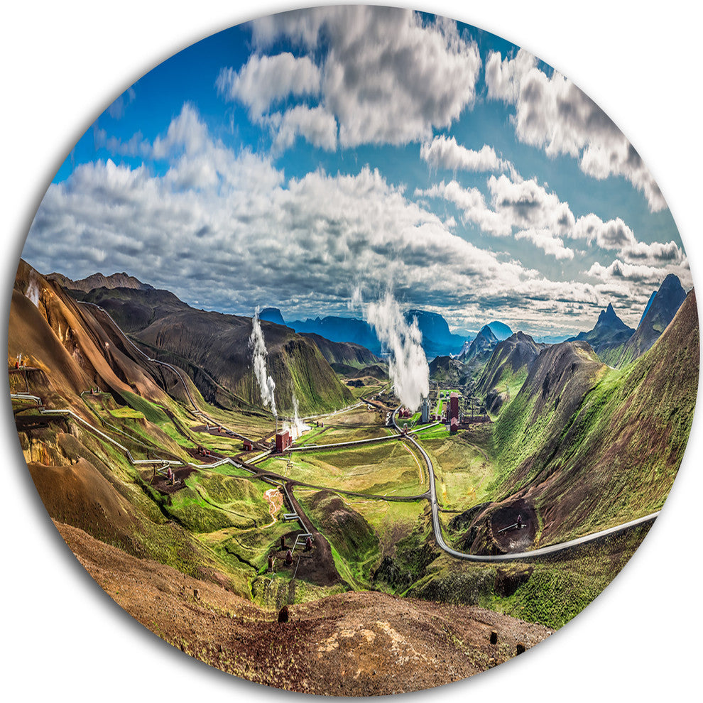 Geothermal Power Station Panorama, Seashore Disc Metal Wall Art, 38"