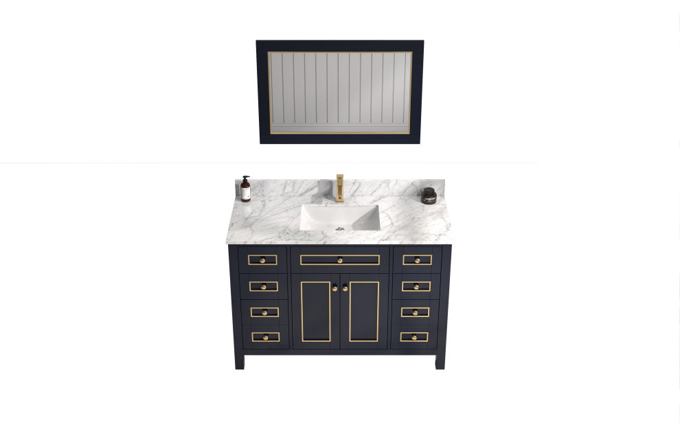 48" Blue Finish Vanity With Carrara White Top & Gold Metal Trim