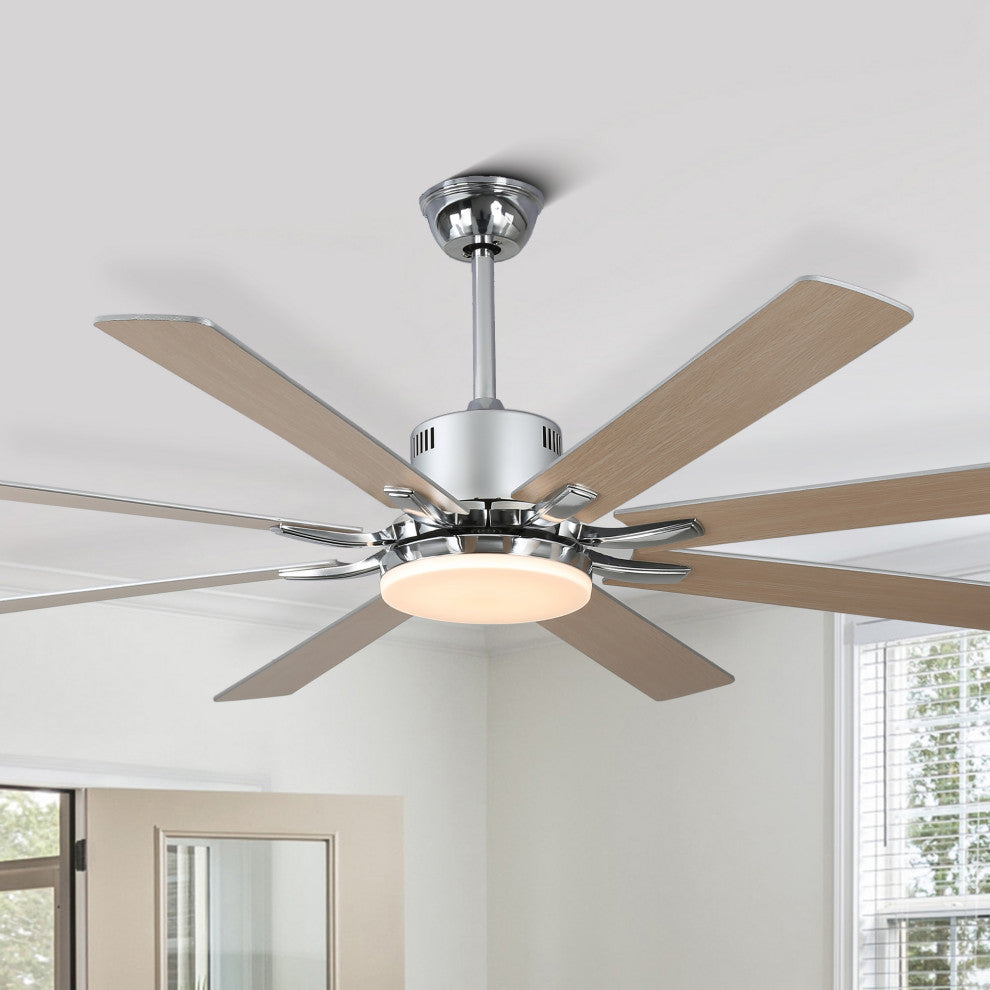 Large 72" Modern 8 Wood Blades Ceiling Fan w Dimmable LED Light Kit , Chrome