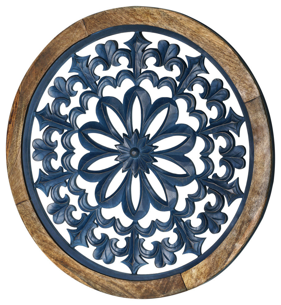 Distressed Wood Framed Round Navy Blue Floral Wall Art Medallion - 24"