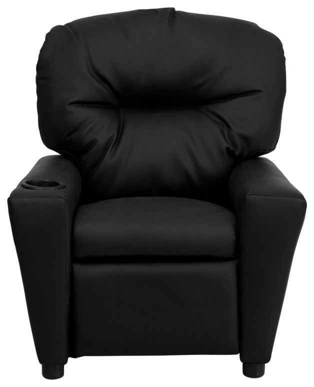 Kids Recliner With Cup Holder, Black Leather