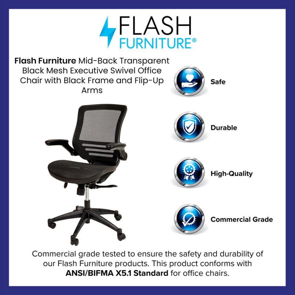 Mid-Back Transparent Black Mesh Executive Swivel Office Chair with Black Frame