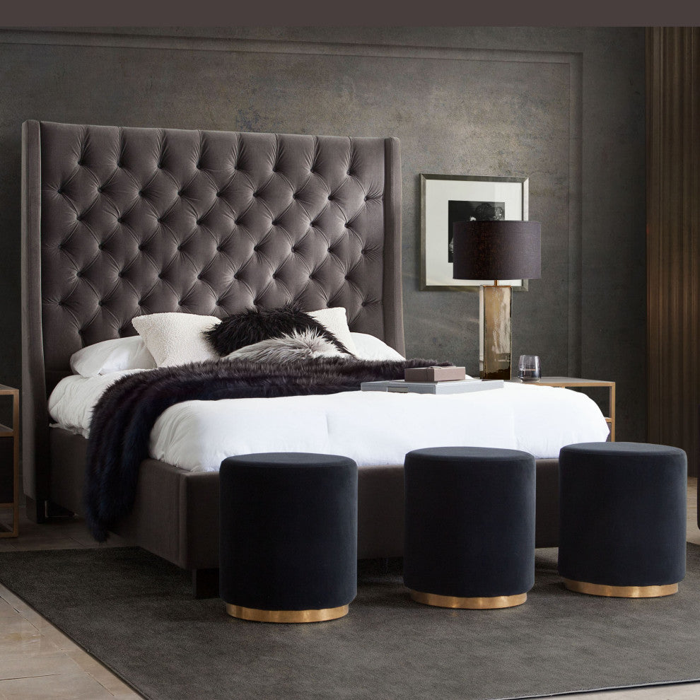 Eastern King Tufted Bed With Vintage Wing, Smoke Gray Velvet