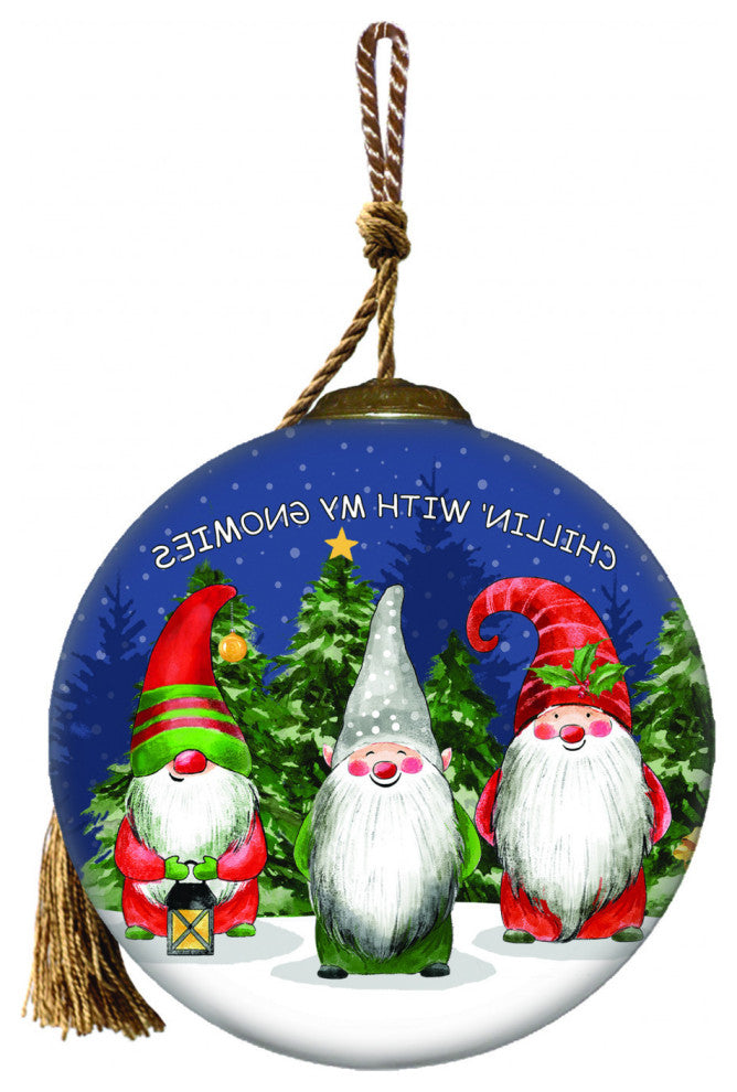 Casual Gnomes in Christmas Mode Hand Painted Mouth Blown Glass Ornament