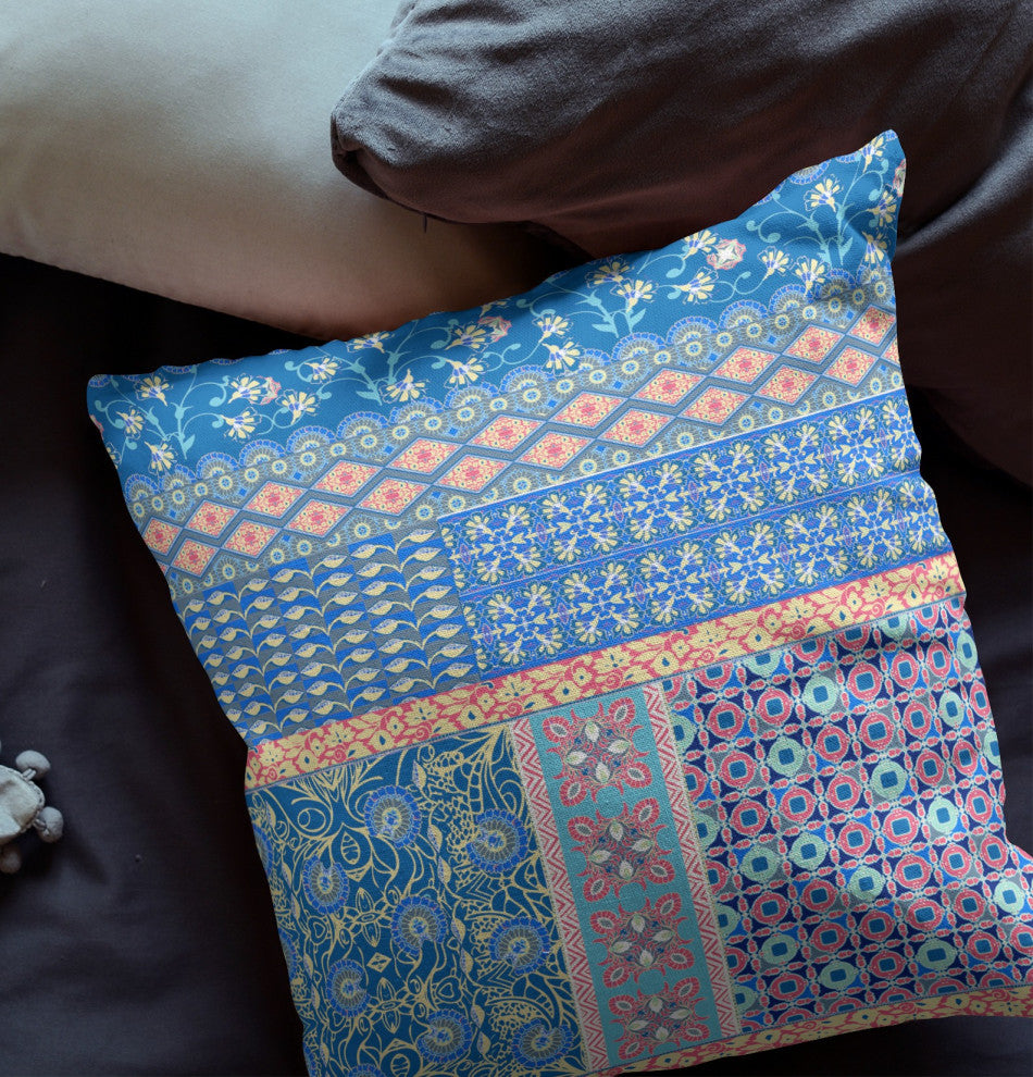 16 Blue Yellow Patch Indoor Outdoor Zippered Throw Pillow