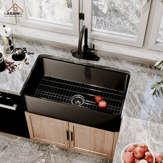 Fireclay Single Bowl Farmhouse Apron Kitchen Sink with Pull Down Kitchen Faucet, 33