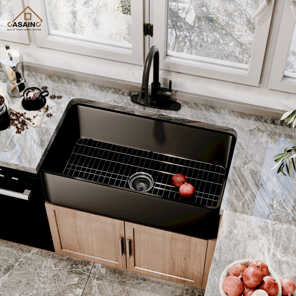 Fireclay Single Bowl Farmhouse Apron Kitchen Sink with Pull Down Kitchen Faucet, 33