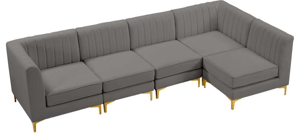 Alina Velvet Modular L-Shaped Modular Sectional, Grey, 5-Piece: 3 Armless Chair, 2 Corner Chair