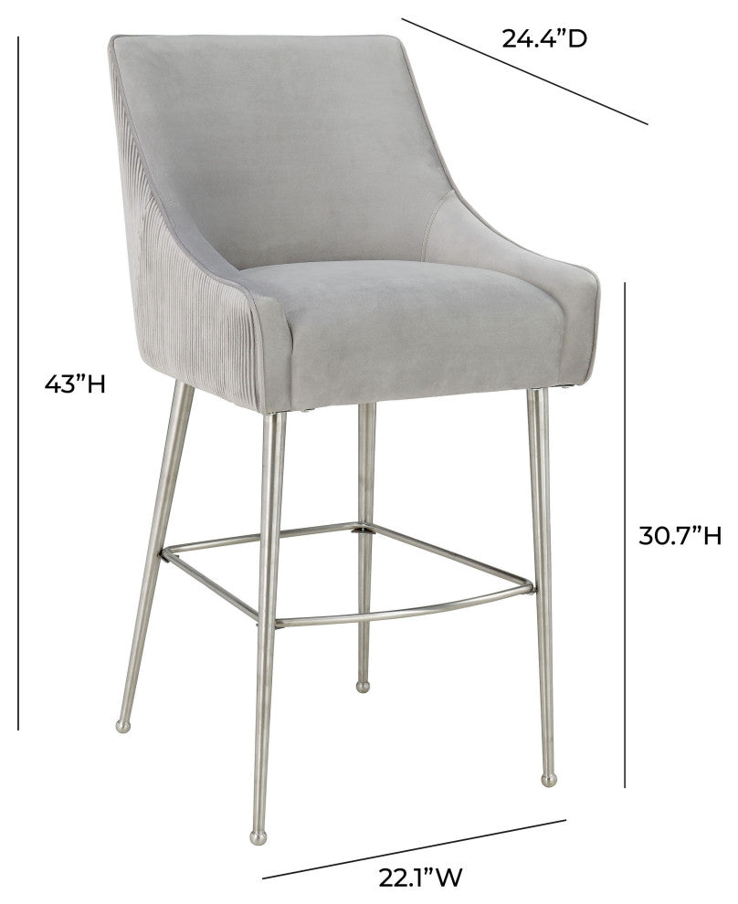 Beatrix Pleated Light Grey Velvet Bar Stool