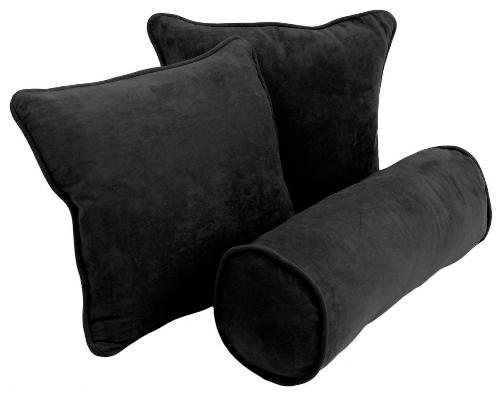 Double-Corded Solid Microsuede Throw Pillows With Inserts, Set of 3, Black