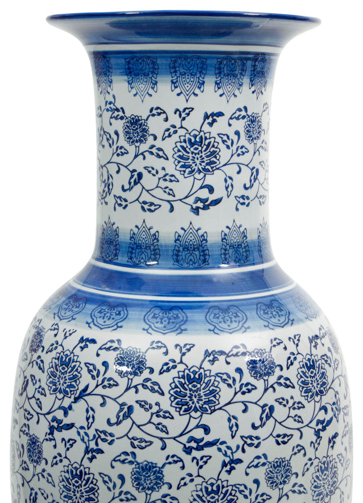 36" Floral Blue and White Porcelain Tung Chi Vase
