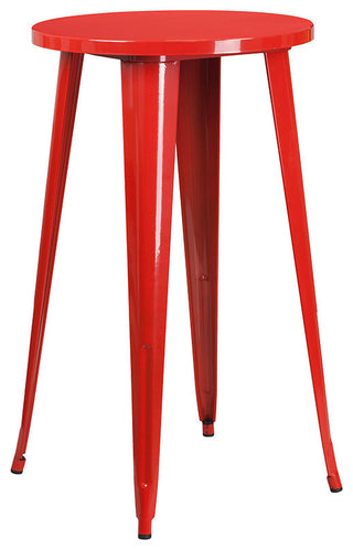 24" Round Red Metal Bar 3-Piece Table Set With 2 Vertical Slat Back Stools