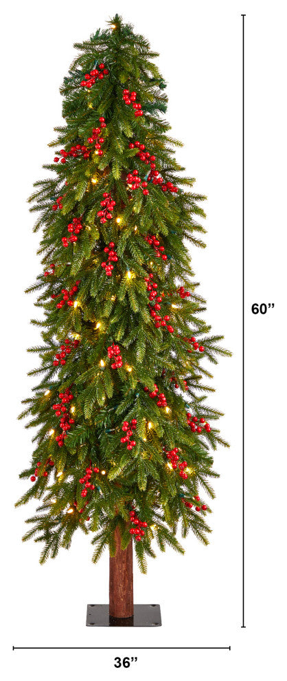 5' Victoria Fir Faux Xmas Tree W/200 Multi-Color, Multifunction Lights, Berries
