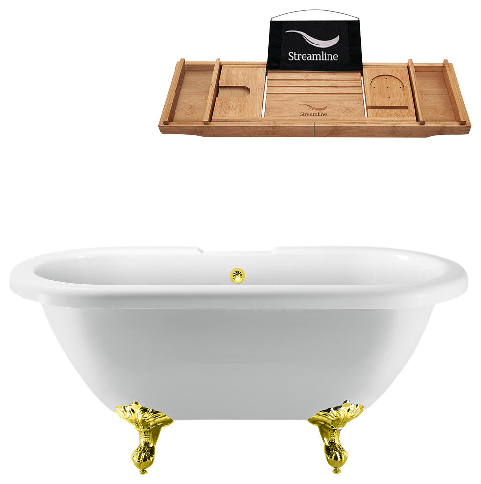 67" White Clawfoot Tub and Tray, Gold Feet, Gold External Drain