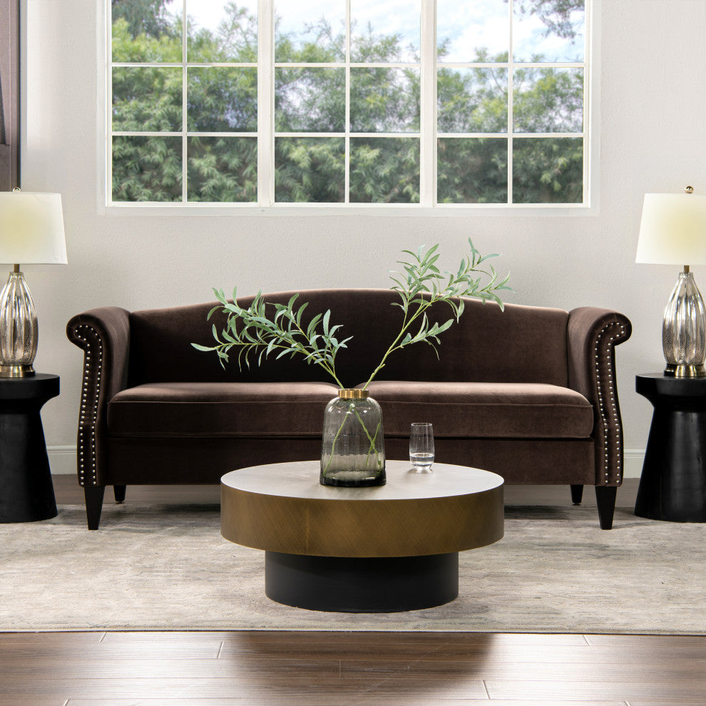 Elaine 77" Camel Back Small Space Sofa, Deep Brown Performance Velvet