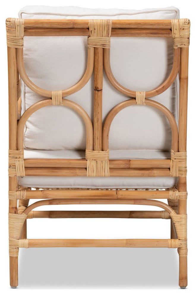 Brandon Modern Bohemian White Fabric Upholster and Natural Brown Rattan Armchair
