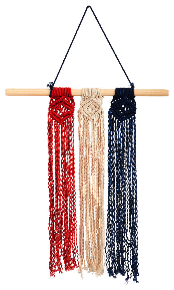 14" x 24" Red White and Blue Americana Macrame Wall Hanging Art Decor