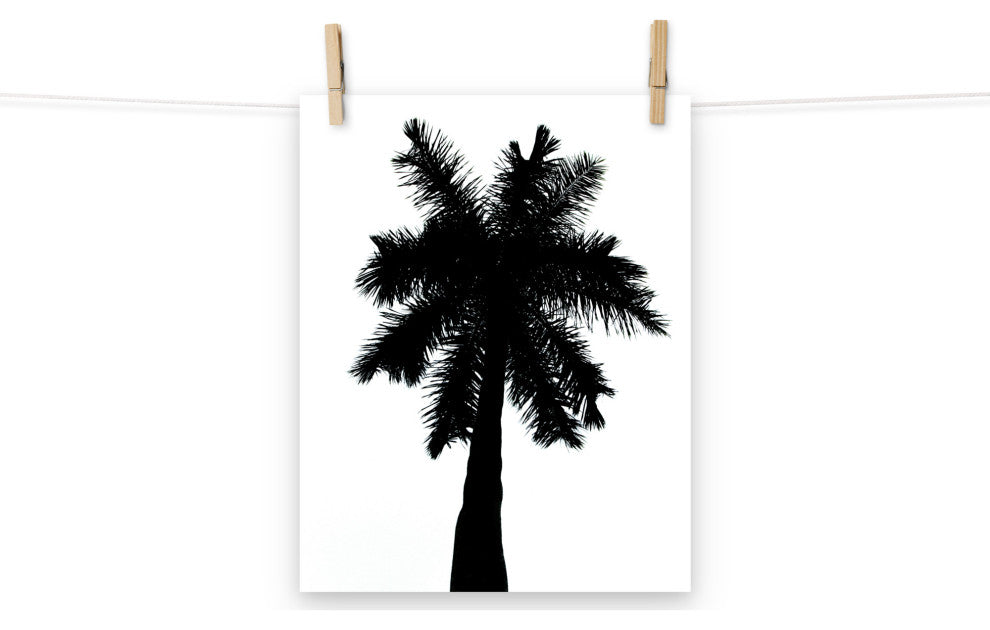 Palm Tree Silhouette on Pure White Tropical Botanical Unframed Wall Art Print, 11" X 14"