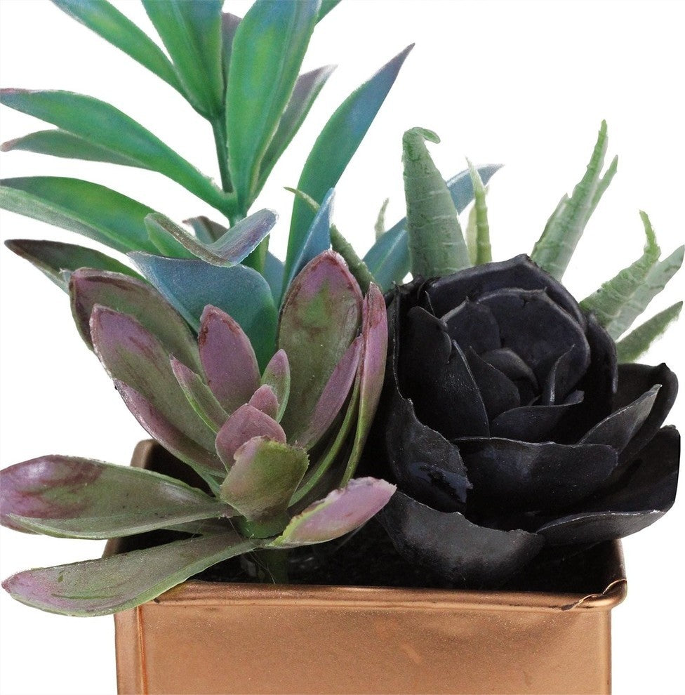 7" Artificial Mixed Succulent Arrangement in Decorative Copper Square Tin Pot