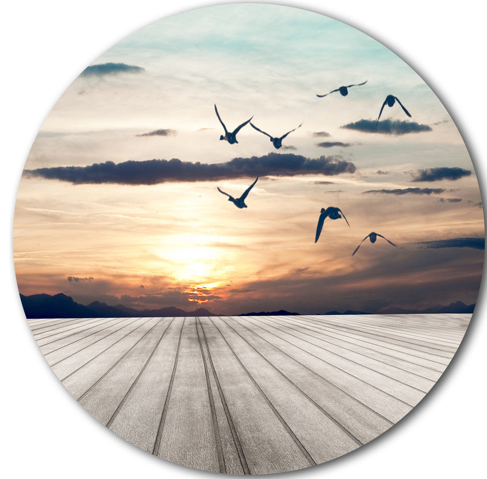 Wooden Floor Sunset, Seashore Art Disc Metal Wall Art, 11"