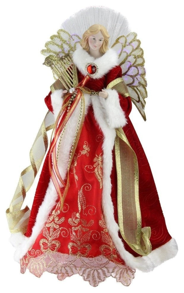 16" Battery-Operated Angel in Garnet Coat With Harp Christmas Tree Topper