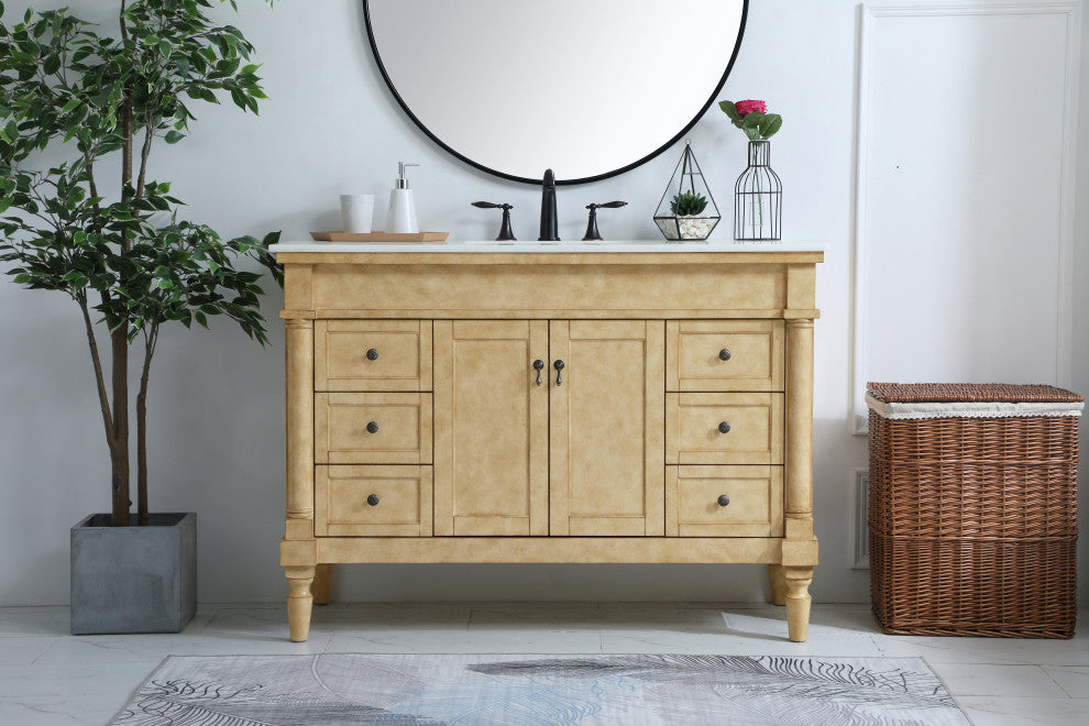 48" Single Bathroom Vanity, Antique Beige With Ivory White Engineered Marble