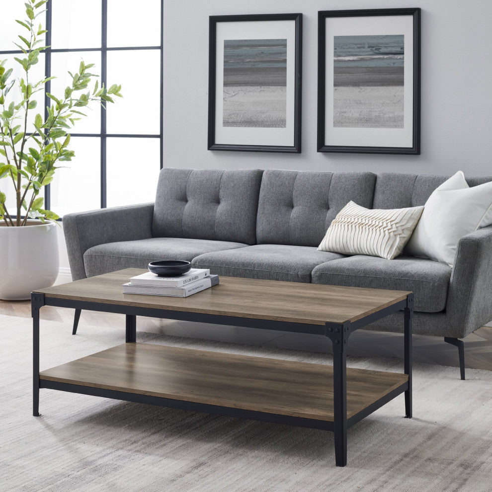 Rustic Coffee Table, Metal Frame With Large Top & Open Shelf, Reclaimed Barnwood