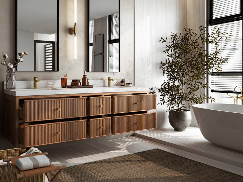 Sonoma Floating 72 Double Sink Vanity in Dark Natural with 2" White Quartz