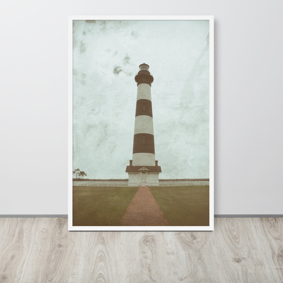 Aged Bodie Lighthouse Landscape Framed Photo Paper Wall Art Prints, White, 24" X 36"