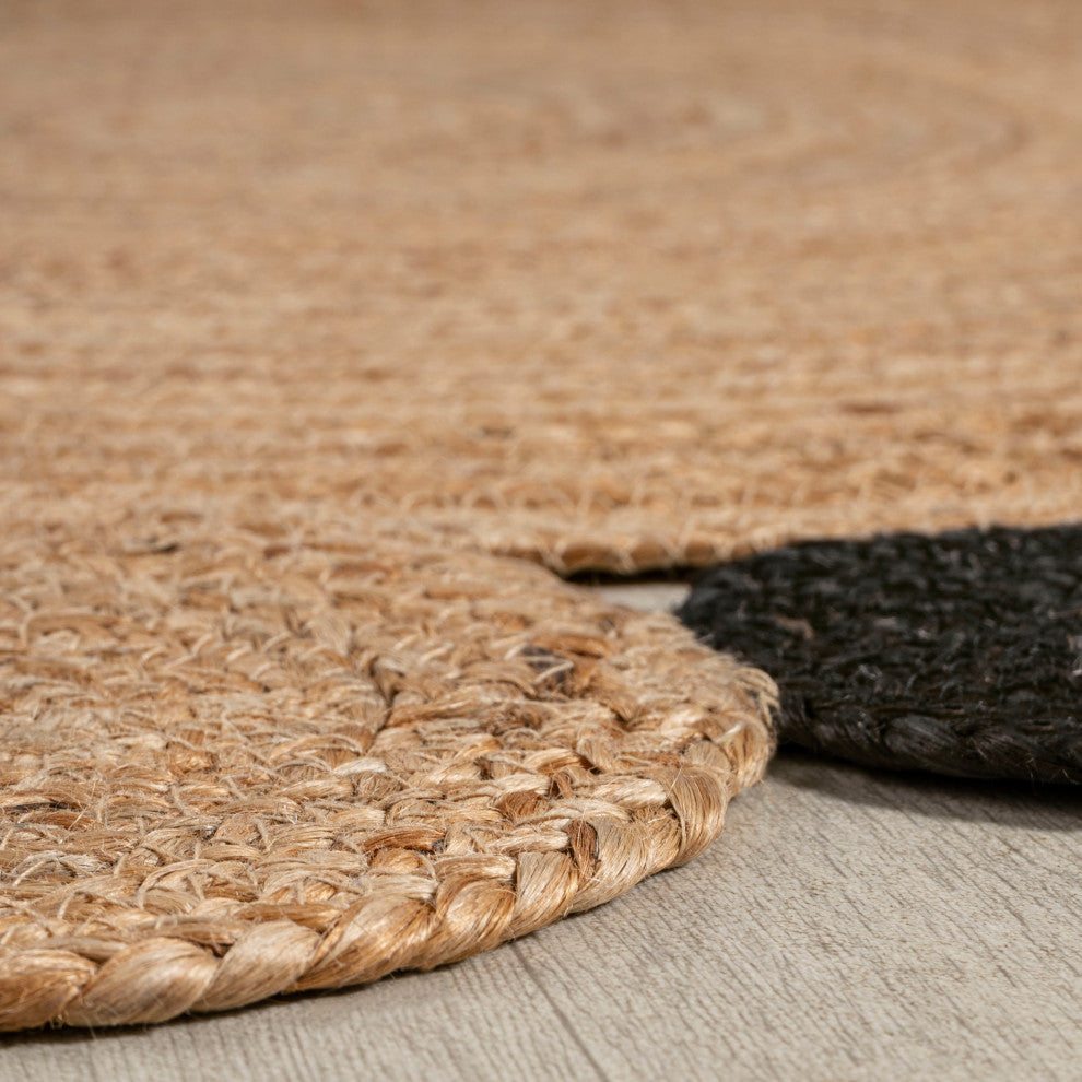 Ayana Two-Tone Jute Hippy Circle Round Area Rug, Natural/Black, 4' Round
