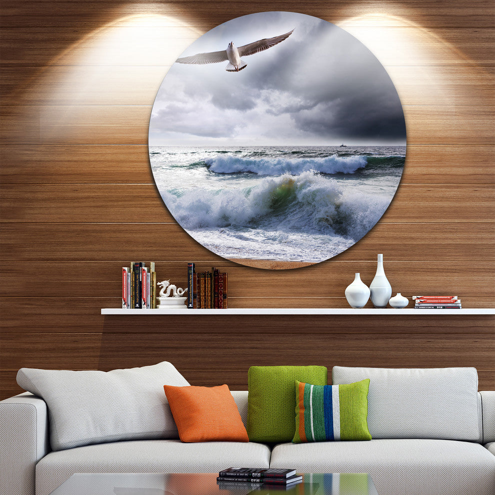 Seagull Over Stormy Waves, Modern Beach Round Wall Art, 36"