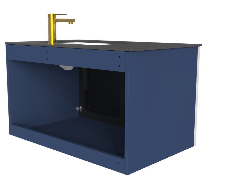 Solaria Glass Facade Floating Vanity, 36", Black Porcelain Top, Right Sink